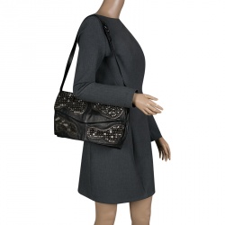 Pre Owned Valentino Black Leather Embellished Flat Shoulder Bag