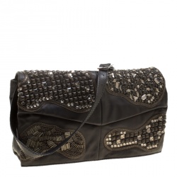 Pre Owned Valentino Black Leather Embellished Flat Shoulder Bag