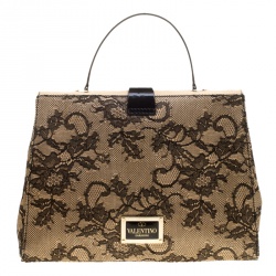 Pre Owned Valentino Beige/Black Raffia and Lace Top Handle Bag