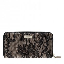 Pre Owned Valentino Beige/Black Lace and Patent Leather Zip Around Wallet