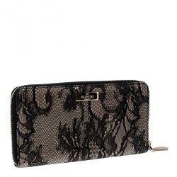 Pre Owned Valentino Beige/Black Lace and Patent Leather Zip Around Wallet
