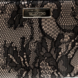 Pre Owned Valentino Beige/Black Lace and Patent Leather Zip Around Wallet
