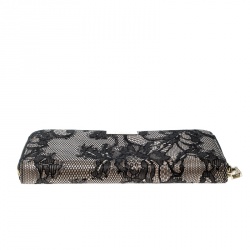 Pre Owned Valentino Beige/Black Lace and Patent Leather Zip Around Wallet