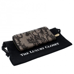 Pre Owned Valentino Beige/Black Lace and Patent Leather Zip Around Wallet