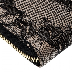 Pre Owned Valentino Beige/Black Lace and Patent Leather Zip Around Wallet