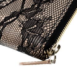 Pre Owned Valentino Beige/Black Lace and Patent Leather Zip Around Wallet