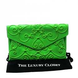 Pre Owned Valentino Neon Green Leather Intricate Clutch