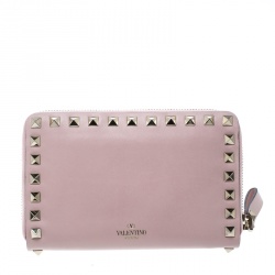 Pre Owned Valentino Pink Leather Rockstud Compact Wallet