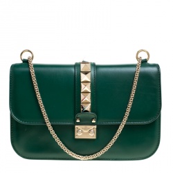Pre Owned Valentino Green Leather Rockstud Medium Glam Lock Flap Bag