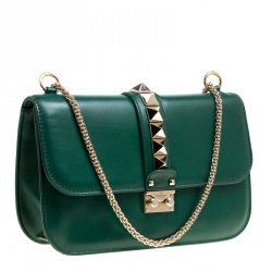 Pre Owned Valentino Green Leather Rockstud Medium Glam Lock Flap Bag
