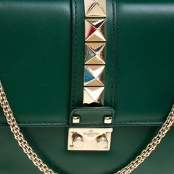 Pre Owned Valentino Green Leather Rockstud Medium Glam Lock Flap Bag