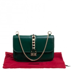 Pre Owned Valentino Green Leather Rockstud Medium Glam Lock Flap Bag