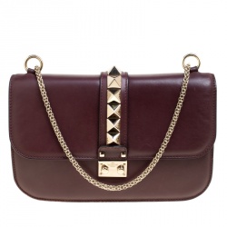 Pre Owned Valentino Burgundy Leather Rockstud Medium Glam Lock Flap Bag