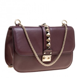 Pre Owned Valentino Burgundy Leather Rockstud Medium Glam Lock Flap Bag