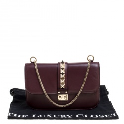 Pre Owned Valentino Burgundy Leather Rockstud Medium Glam Lock Flap Bag
