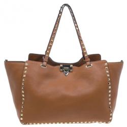 Pre Owned Valentino Brown Leather Medium RockStud Clasp Tote