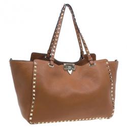 Pre Owned Valentino Brown Leather Medium RockStud Clasp Tote