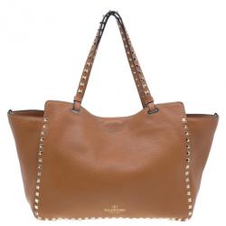 Pre Owned Valentino Brown Leather Medium RockStud Clasp Tote