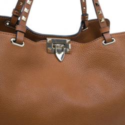 Pre Owned Valentino Brown Leather Medium RockStud Clasp Tote