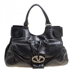 Pre Owned Valentino Black Leather Crystal Embellished Logo Satchel