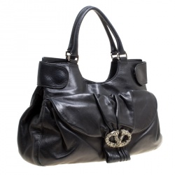 Pre Owned Valentino Black Leather Crystal Embellished Logo Satchel
