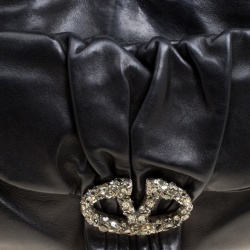 Pre Owned Valentino Black Leather Crystal Embellished Logo Satchel