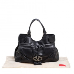 Pre Owned Valentino Black Leather Crystal Embellished Logo Satchel
