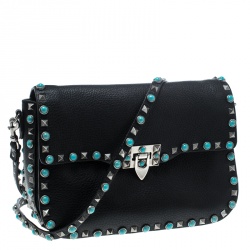 Pre Owned Valentino Black Leather Rockstud Rolling Crossbody Bag