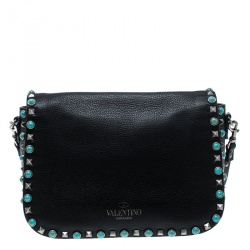 Pre Owned Valentino Black Leather Rockstud Rolling Crossbody Bag