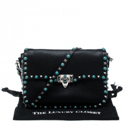 Pre Owned Valentino Black Leather Rockstud Rolling Crossbody Bag