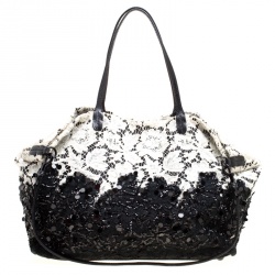 Pre Owned Valentino Black/White Lace/Sequins and Leather Tote
