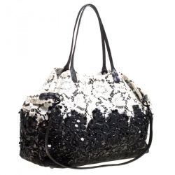 Pre Owned Valentino Black/White Lace/Sequins and Leather Tote