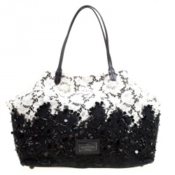 Pre Owned Valentino Black/White Lace/Sequins and Leather Tote