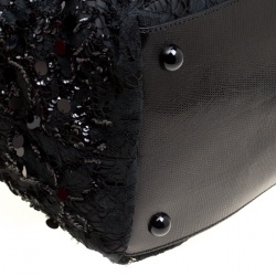 Pre Owned Valentino Black/White Lace/Sequins and Leather Tote