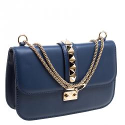 Pre Owned Valentino Navy Blue Leather Medium Rockstud Glam Lock Flap Bag