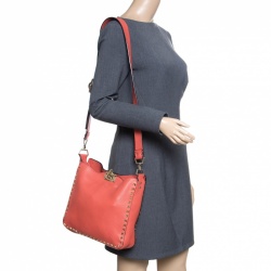 Pre Owned Valentino Coral Red Leather Rockstud Messenger Bag