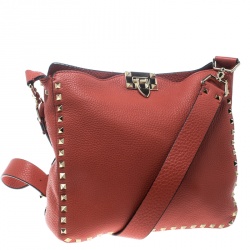 Pre Owned Valentino Coral Red Leather Rockstud Messenger Bag