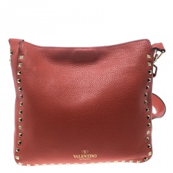 Pre Owned Valentino Coral Red Leather Rockstud Messenger Bag