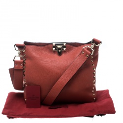 Pre Owned Valentino Coral Red Leather Rockstud Messenger Bag