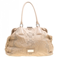 Pre Owned Valentino Biege Leather and Lace Frame Tote