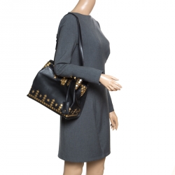 Pre Owned Valentino Black Leather Medium Joy Lock Studded Top Handle Bag