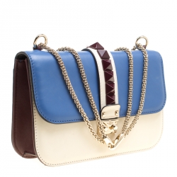 Pre Owned Valentino Tri Color Leather Rockstud Medium Glam Lock Flap Bag