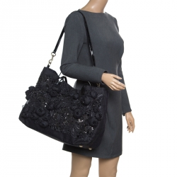 Pre Owned Valentino Dark Blue/Black Canvas Sequin Beaded Floral Applique Tote
