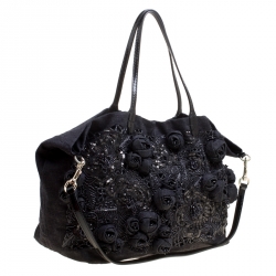 Pre Owned Valentino Dark Blue/Black Canvas Sequin Beaded Floral Applique Tote