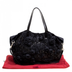 Pre Owned Valentino Dark Blue/Black Canvas Sequin Beaded Floral Applique Tote