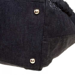 Pre Owned Valentino Dark Blue/Black Canvas Sequin Beaded Floral Applique Tote