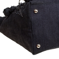 Pre Owned Valentino Dark Blue/Black Canvas Sequin Beaded Floral Applique Tote