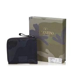 Valentino Navy Blue Canvas and Leather Camouflage Zip Around Wallet