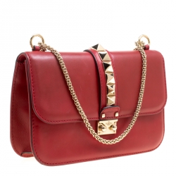 Pre Owned Valentino Red Leather Rockstud Medium Glam Lock Flap Bag
