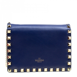 Pre Owned Valentino Blue Leather Rockstud Chain Shoulder Bag